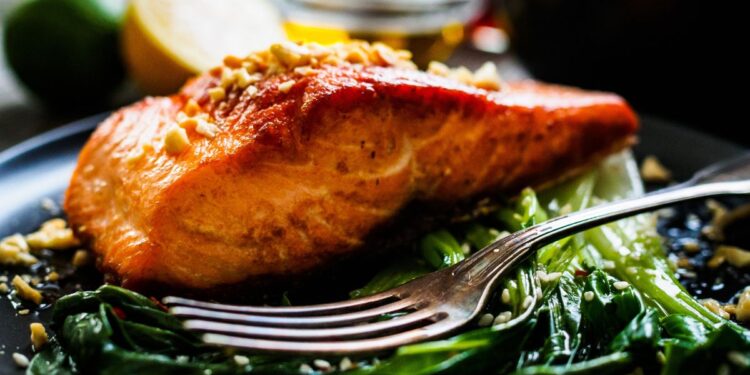 Glazed salmon with greens