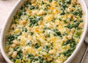 White bean and spring greens gratin