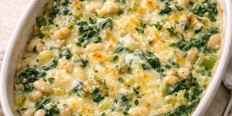 White bean and spring greens gratin