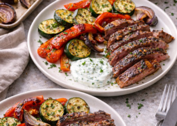 Garlic steak with roasted vegetables and herb yoghurt