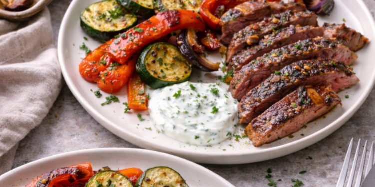 Garlic steak with roasted vegetables and herb yoghurt