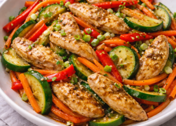 Chicken and vegetable stir-fry with ginger soy glaze