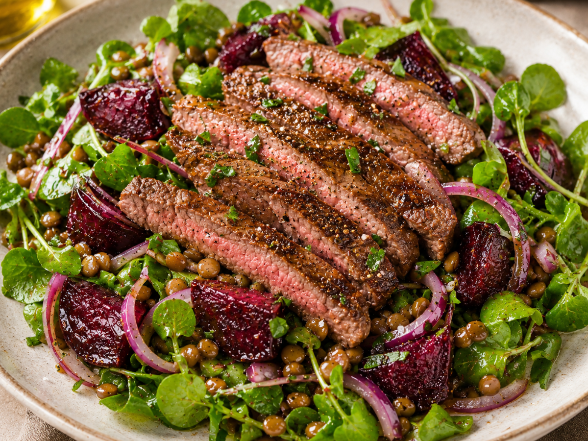 A plated salad featuring sliced medium-rare sirloin steak arranged over fresh watercress, roasted beetroot, red onion, and lentils.