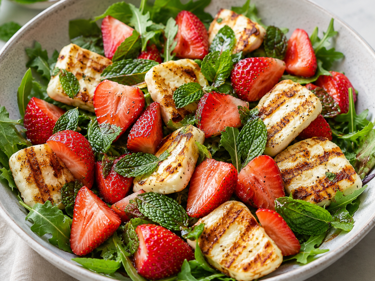 Strawberries with grilled halloumi, cucumber ribbons, spinach and mint leaves.