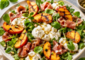 Burrata, grilled peach and prosciutto salad