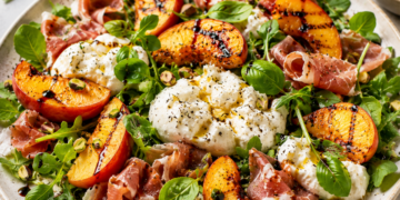 Burrata, grilled peach and prosciutto salad